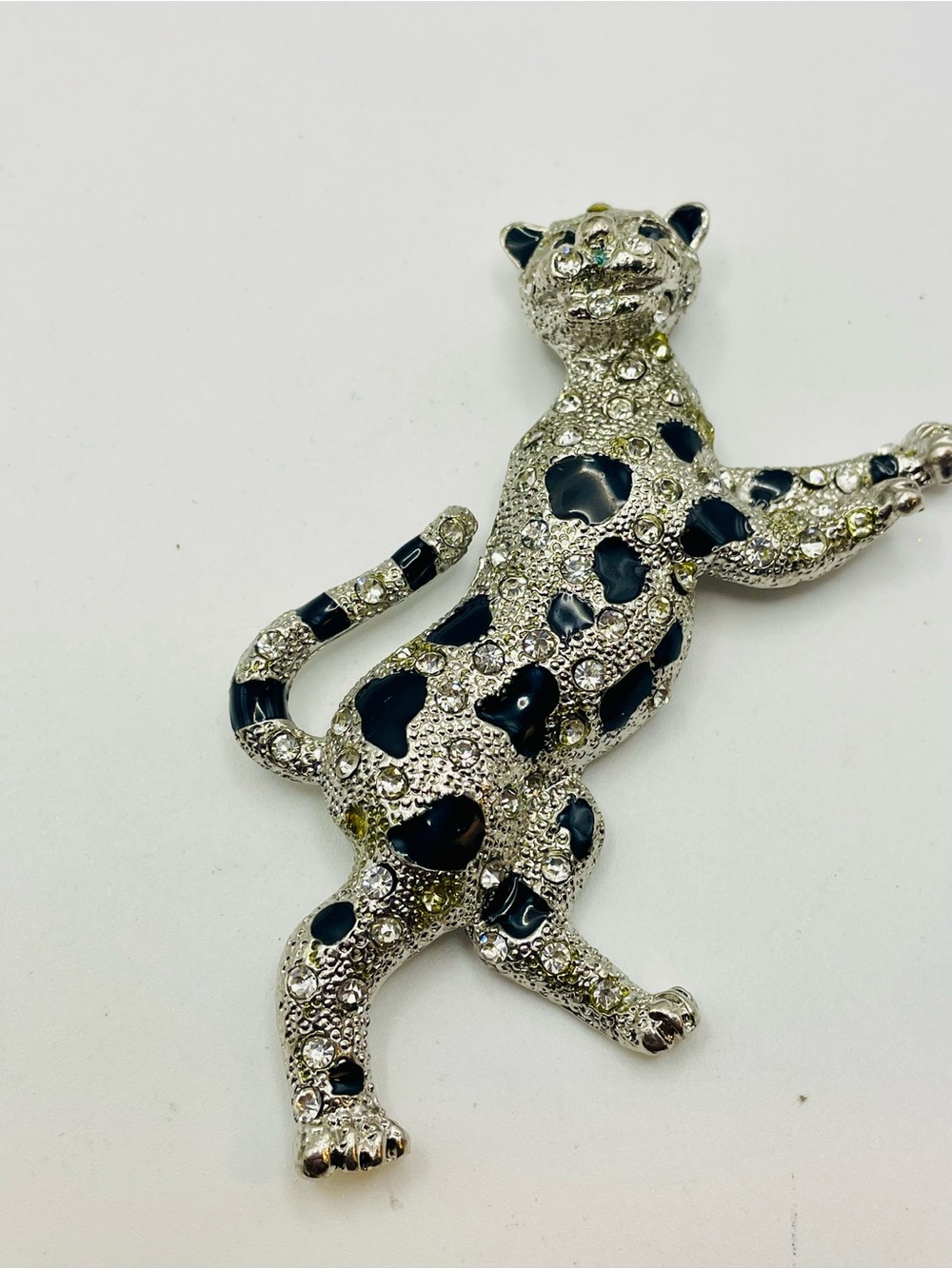Vintage Leopard Brooch Pin with Crystals and Enamel Black Spots